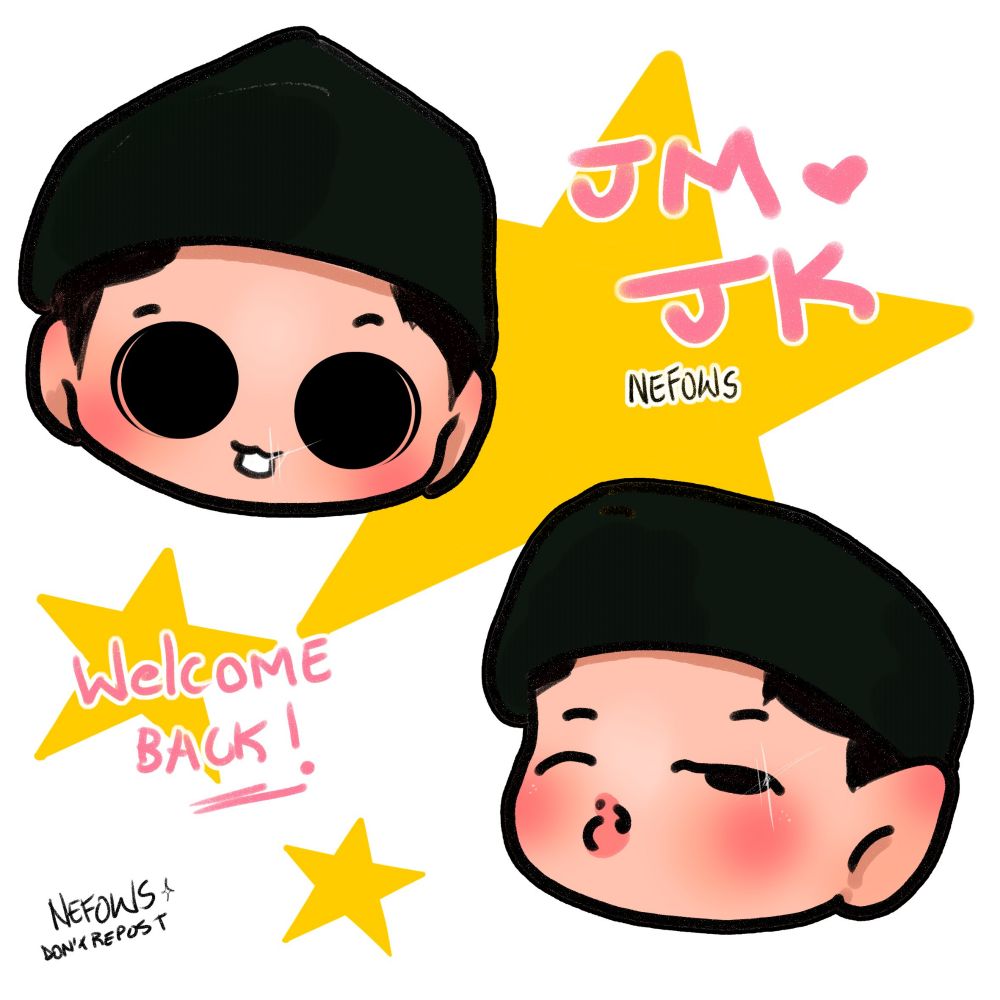 Arte digital de Jimin e Jungkook em Chibi, apenas os rostinhos com estrelas amarelas no fundo