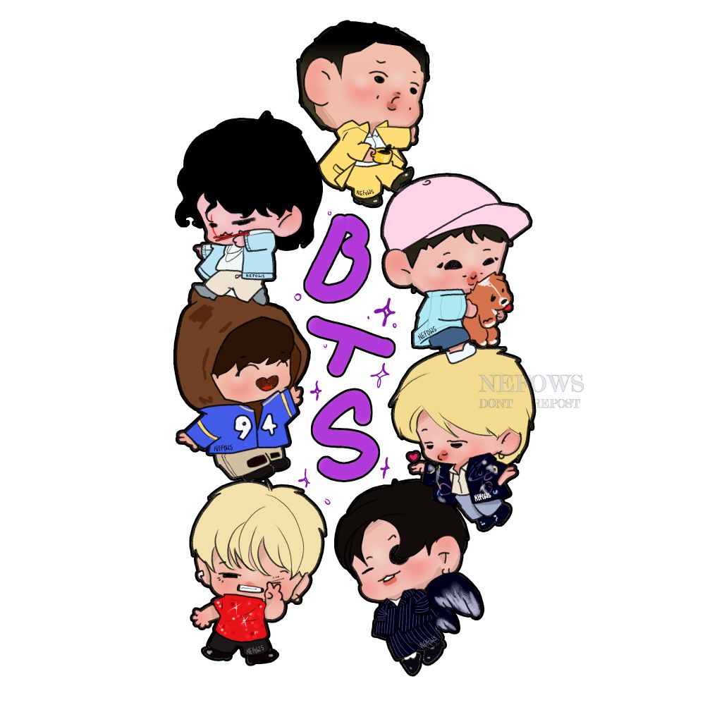 digital art in chibi of bts members wearing their own solos outfits, all around the name BTS, floating in the air