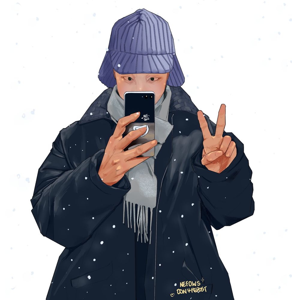 BTS' RM digital art colored, taking a photo with his phone on hands, we are the mirror POV. He is dressed in winter clothes and a blue warm hat
