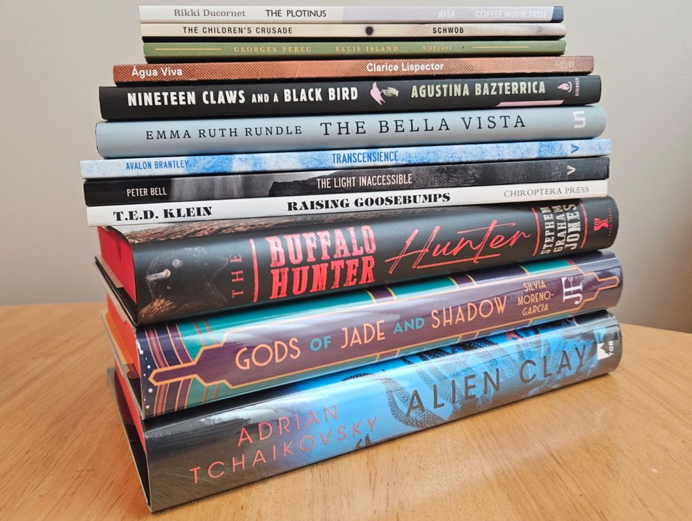 A stack of books:

The Plotinus by Rikki Ducornet
The Children's Crusade by Marcel Schwob
Ellis Island by Georges Perec
Água Viva by Clarice Lispector
Nineteen Claws and a Black Bird by Agustina Bazterrica
The Bella Vista by Emma Ruth Rundle
Transcensience by Avalon Brantley
The Light Inaccessible by Peter Bell
Raising Goosebumps for Fun and Profit by T.E.D. Klein
The Buffalo Hunter Hunter by Stephen Graham Jones
Gods of Jade and Shadow by Silvia Moreno-Garcia
Alien Clay by Adrian Tchaikovsky