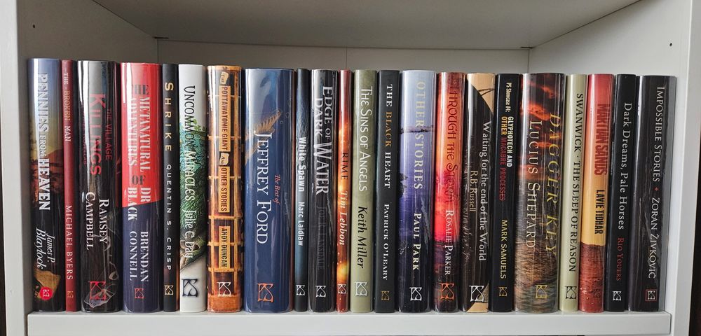 Pennies From Heaven by James P. Blaylock
The Broken Man by Michael Byers
The Village Killings by Ramsey Campbell
The Metanatural Adventures of Dr Black by Brendan Connell
Shrike by Quentin S. Crisp
Uncommon Miracles by Julie C. Day
The Pottawatomie Giant and Other Stories by Andy Duncan
The Best of Jeffrey Ford
White Spawn by Marc Laidlaw
Edge of Dark Water by Joe R. Lansdale
Rime by Tim Lebbon
The Sins of Angels by Keith Miller
The Black Heart by Patrick O'Leary
Other Stories by Paul Park
Through the Storm by Rosalie Parker
Waiting For the End of the World by R. B. Russell
Glyphotech and Other Macabre Processes by Mark Samuels
Dagger Key by Lucius Shepard
The Sleep of Reason by Michael Swanwick
Martian Sands by Lavie Tidhar
Dark Dreams, Pales Horses by Rio Youers
Impossible Stories by Zoran Živkovic