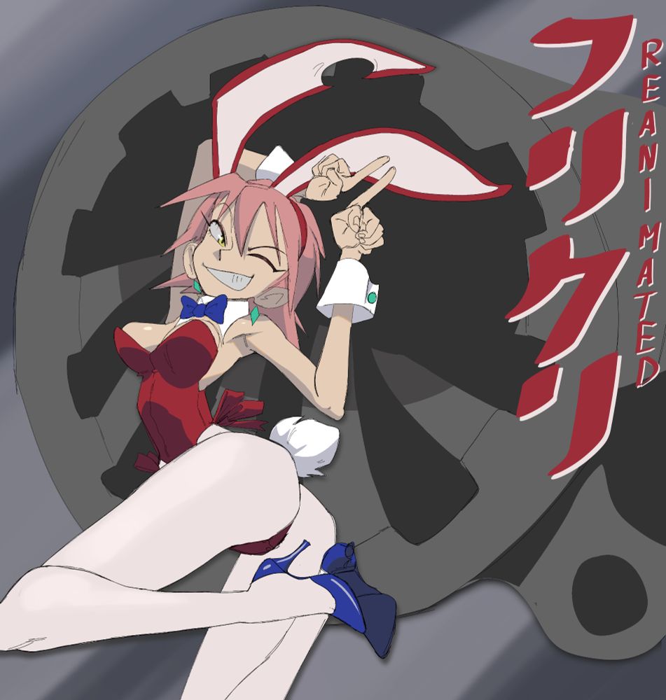 Haruhara Haruko posing infront of a giant gun advertising the FLCL reanimated collab