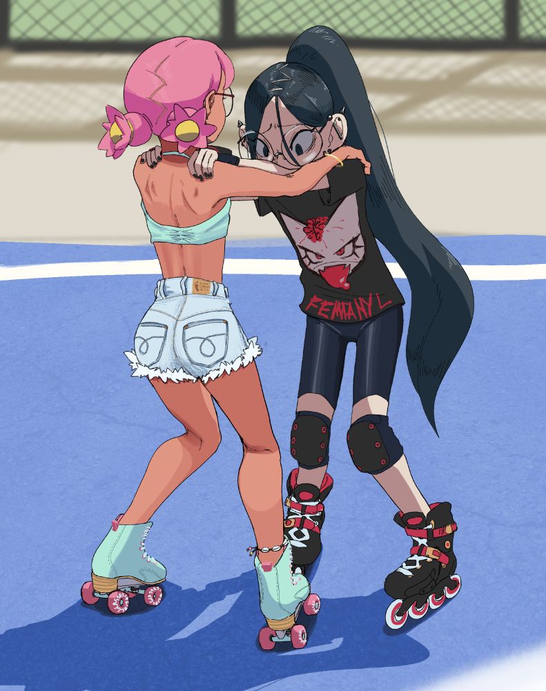 dork teaching oshii to skate by supporting her body weight 
