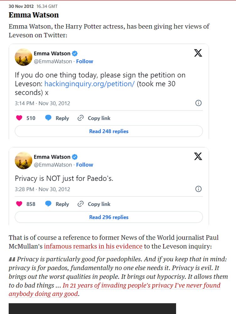 Reporting from The Guardian of Emma Watson's tweets about the Leveson petition