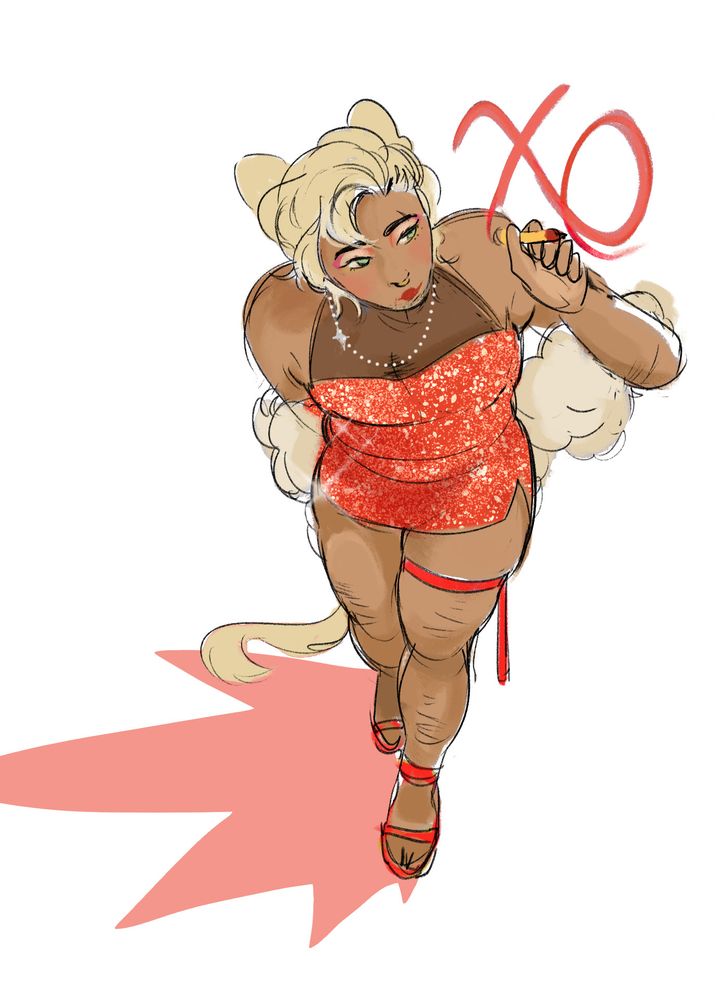 An original character with cat ears who is dressed up and writing "XO" with a red lipstick, in a sparkly red, short dress and high heels. 
