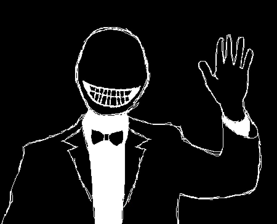 Black and white ms paint art of a figure wearing a fancy suit and sporting a wide grin. The figure is waving at the viewer in a jovial manner.