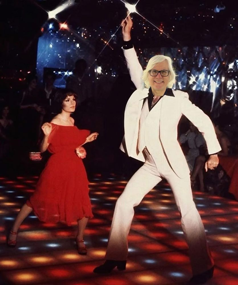 Photoshop of the iconic Saturday Night Fever dance floor scene, with my face replacing John Travolta’s