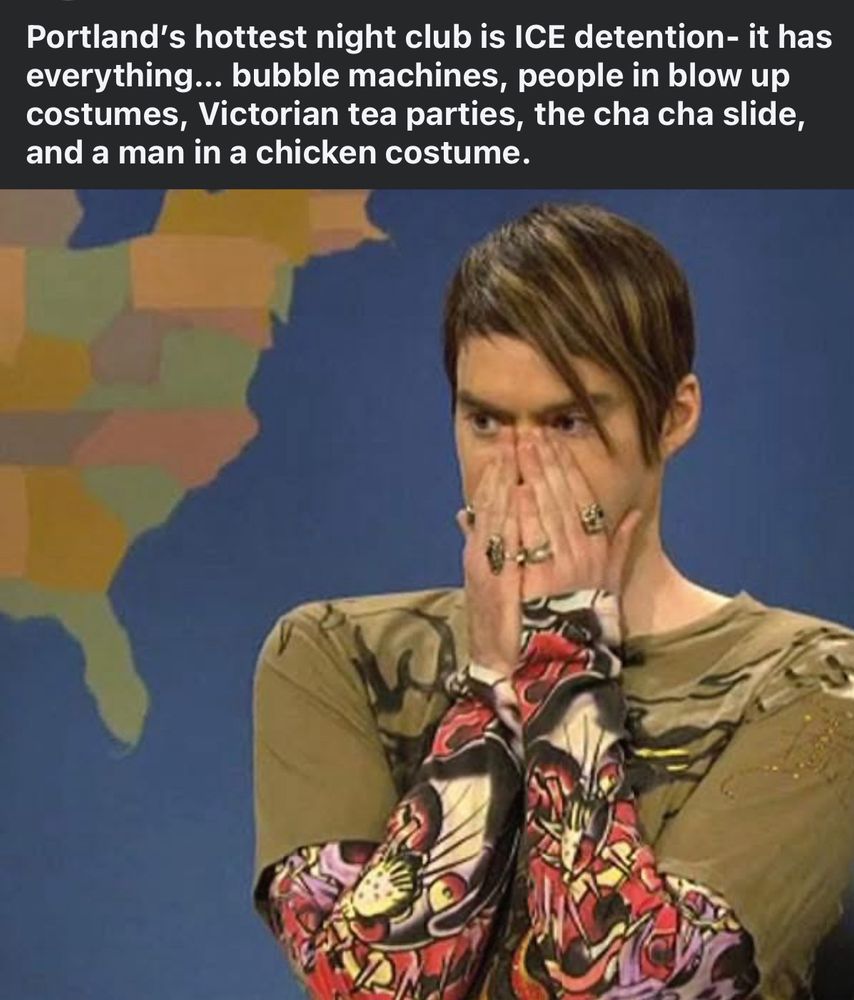 The SNL Weekend Update character Stefan (Bill Hader) beneath a caption: “Portland’s hottest nightclub is ICE detention - it has everything… bubble machines, people in blowup costumes, Victorian tea parties, the cha cha slide, and a man in a chicken costume.”