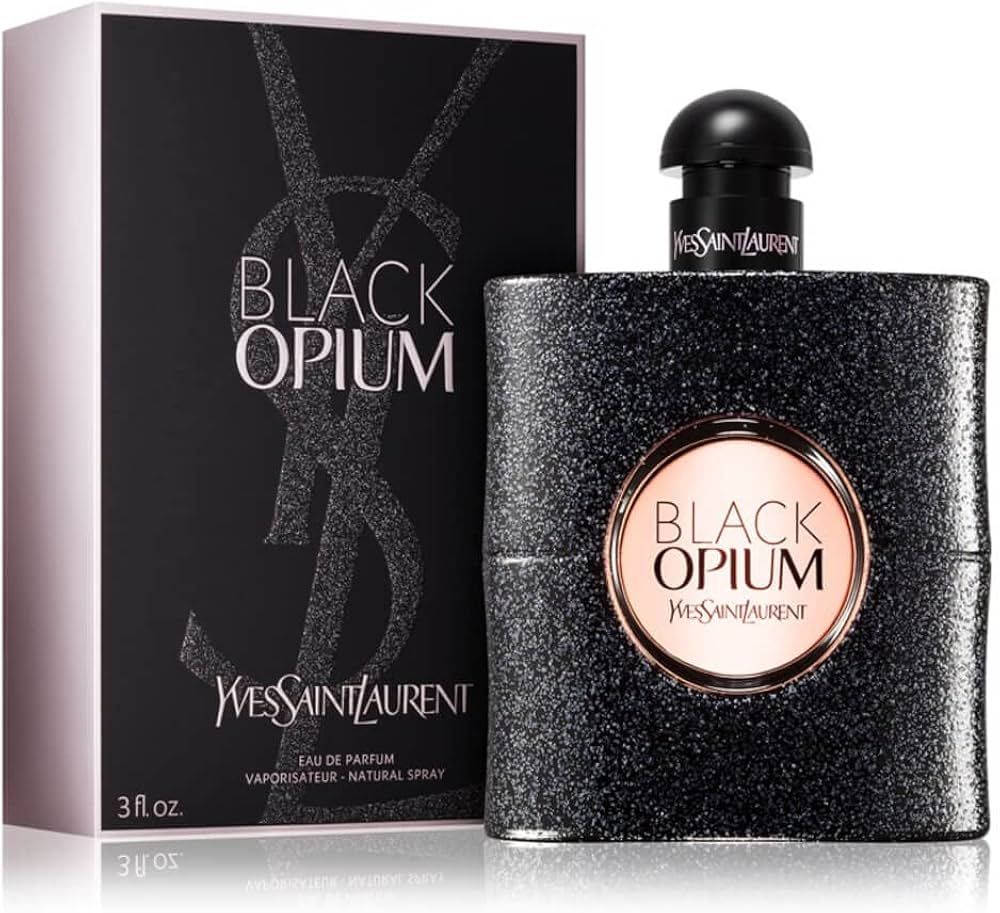 The box and bottle for YVS Black Opium perfume.