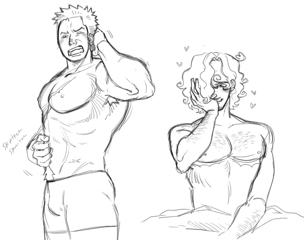 Zoro and Sanji waking up in the morning. Zoro is wearing only his boxers and Sanji is looking at him lovingly.
