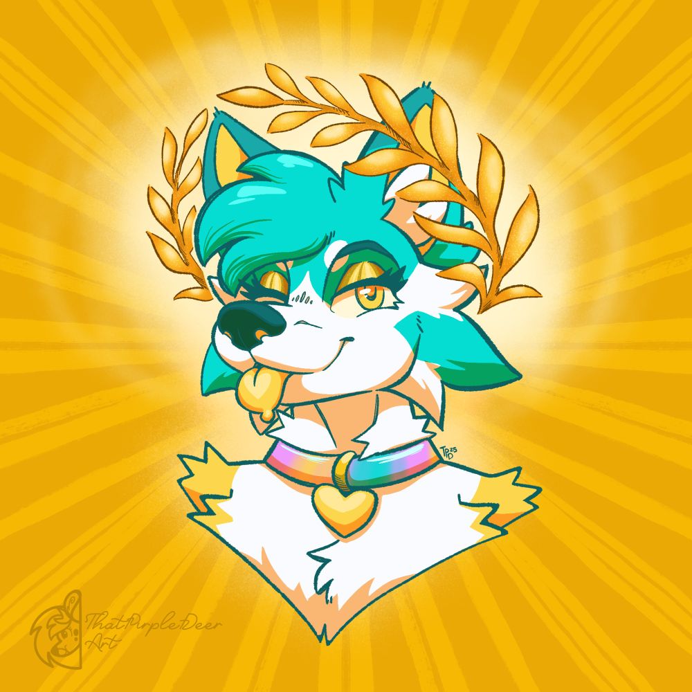 Headshot of Sadie the Husky in a golden crown aglow 