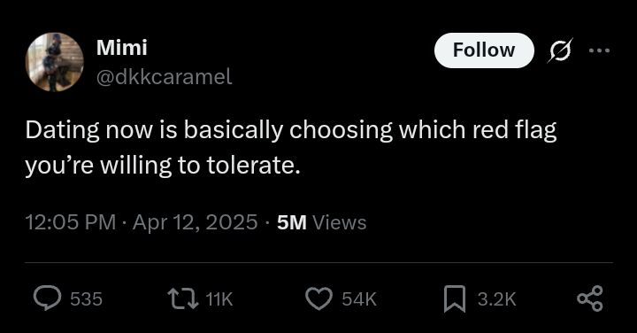 Tweet from some woman on Twitter saying "Dating now is basically choosing which red flag you're willing to tolerate."