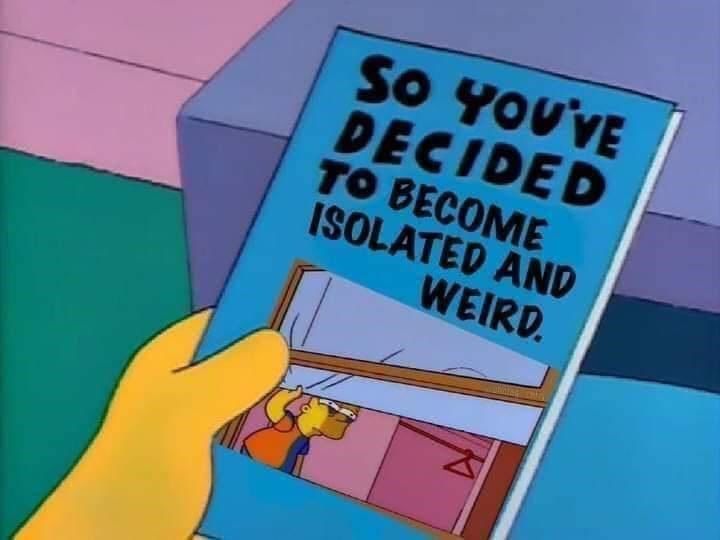 a simpsons screenshot of a magazine “SO YOU'VE DECIDED TO BECOME ISOLATED AND WEIRD.” with bart peering out a window 
