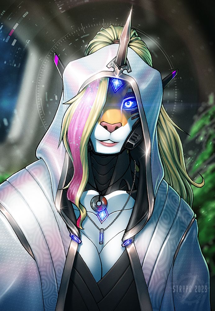 A synthetic tiger woman in a fancy sci-fi hooded robe looks at the viewer from under her hood, eyes glowing blue with a pleasant expression