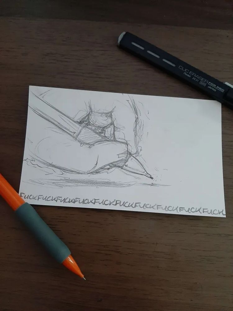 Photo of an index card, held down by an eraser and a pencil.  On the card is a rough, trembling sketch of a hand holding a mechanical pencil just above a surface, and the word FUCK written repeatedly along the bottom edge