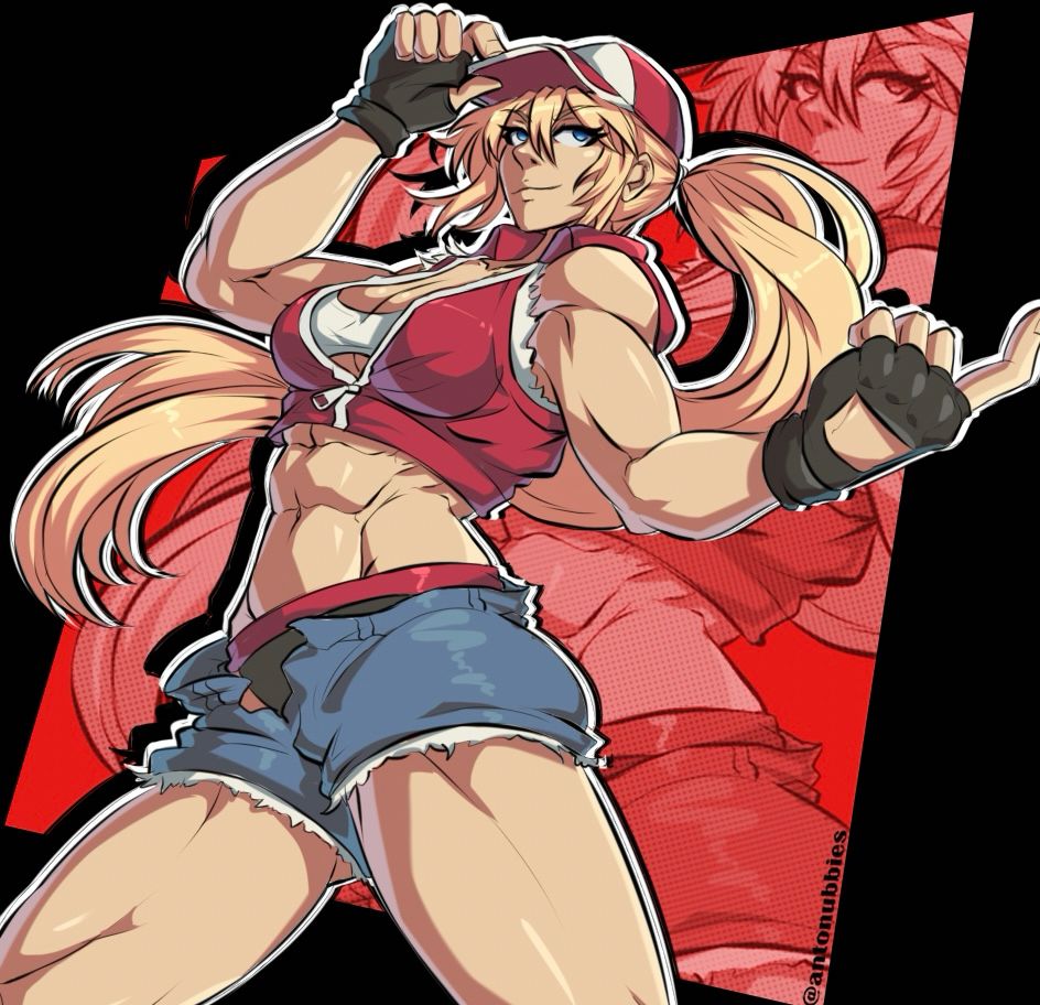 terry bogard is in her snk heroines outfit, giving a 