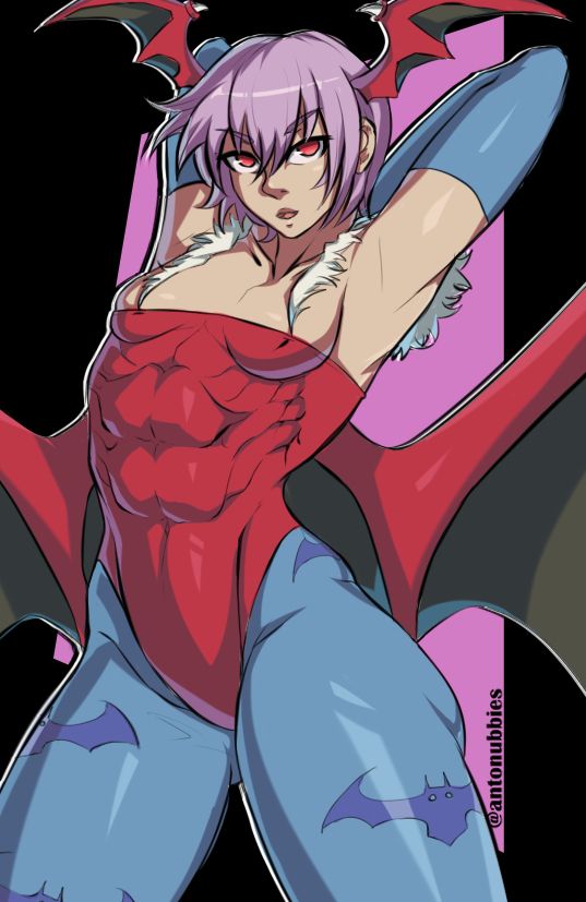 Lilith is in her classic Darkstalkers outfit, arms raised behind her head in a confident pose, with a magenta and black background.