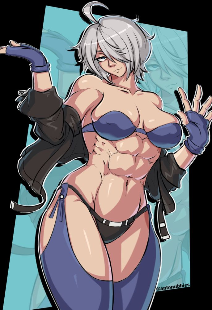 Angel is with her open jacket hanging off her shoulders, wearing a blue bra, blue "pants", and gloves, against a light blue and black background