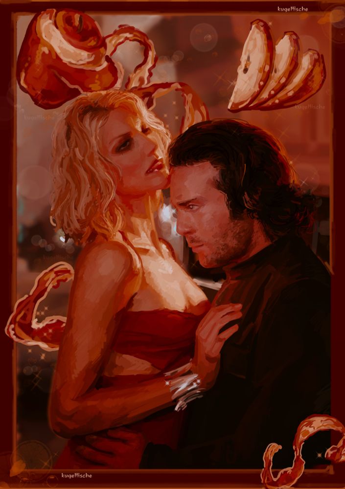 A digital art painting of Head Six and Doctor Gaius Baltar from Battlestar Galactica (BSG). This piece is somewhat monochromatic with shades of yellow to darker red. There are very few colours outside the warm tones.

This is referenced from an image of Head Six and Gaius where she is stood pressed against him, her hand on his chest. She looks upwards, while he looks at her. his hand is on her waist. The lighting is coming from the background. 

In the background there is an apple which has been peeled, the peel coils around giving an aesthetic appeal. There are apple slices in the top corner, and another peel in the bottom which breaks past the boarder. The background is blurred and nondescript. 