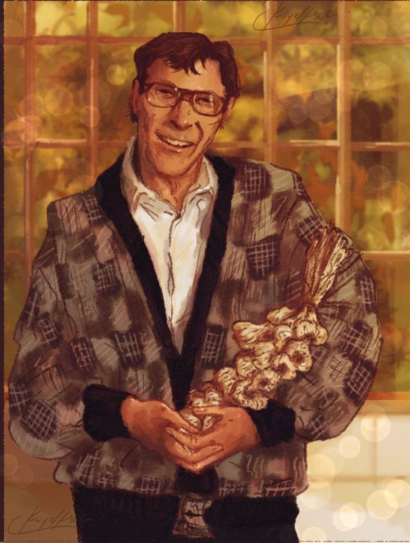 A digital drawing of Leonard Nimoy. It is tinted yellow-orange. He is wearing s cardigan sweater and holding a large bundle of garlic cloves like a baby in the crook if his arm. He is smiling wide and wearing glasses. 

There is a window behind him divided into squares. There are leaves outside the window, but they are not defined.