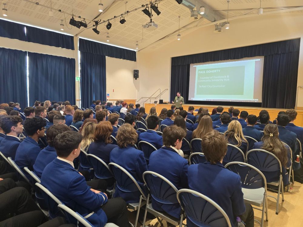 Paul Doherty speaking with Rathmore students.