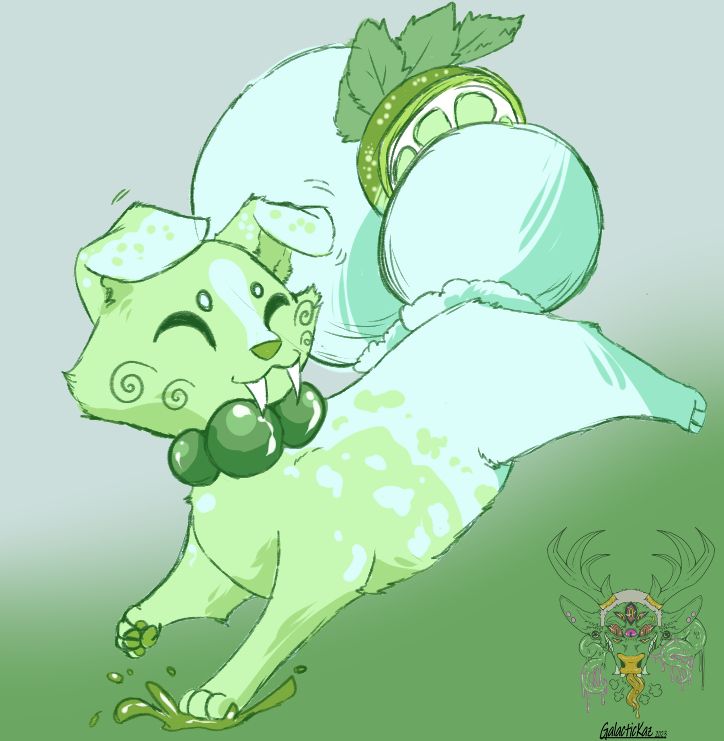 an image of a monochromatic green dog, the colors are light- it is running and looking back as if to catch something, it has hangs and it's tail looks like an icecream sundae with a lime between the scoops.