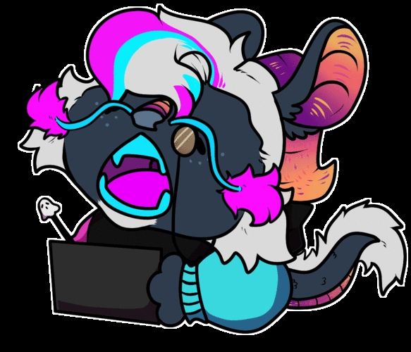 Gif of Dragon Polaris, Grey Black with Cyan and Magenta highlights and sunset motif with a mane of white fur opening and closing his mouth while on his tablet.