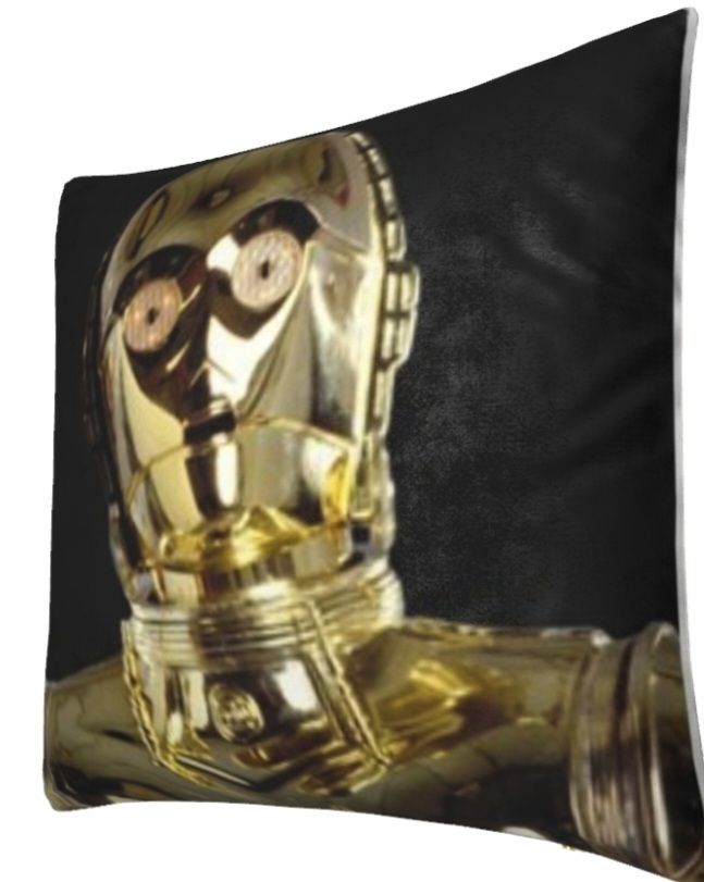 A virtual mockup of a cushion with c3po's image printed on the face
