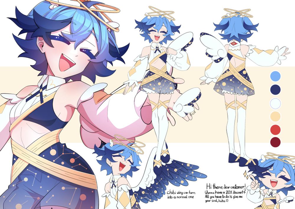 My own persona, Zoey! An intergalactic angel who likes to sell you stuff in exchange for your soul. Design subtly inspired by biblical accurate angels.