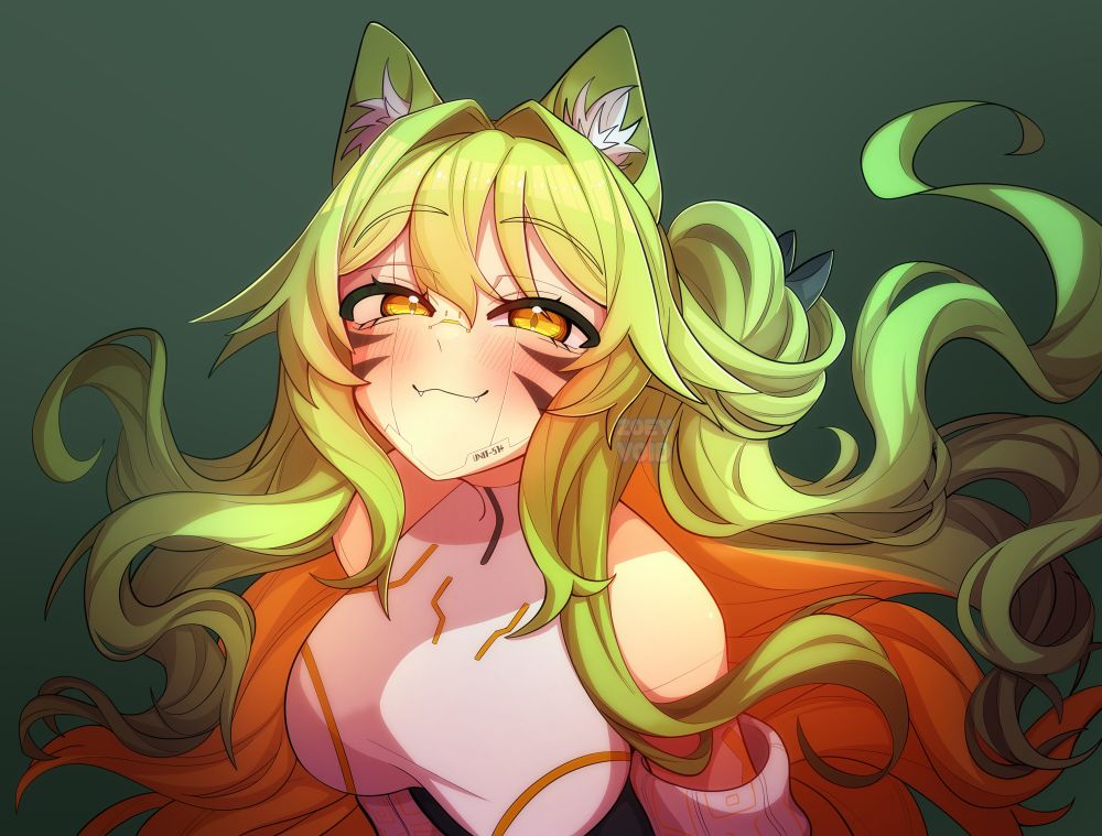 Commission from @MissMagnesia on Twitter! A green cyber cat girl vtuber.