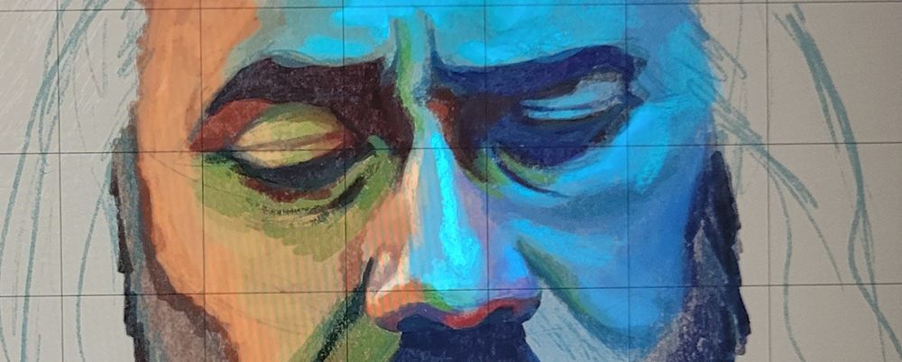 A closeup cropped image of a work-in-progress digital painting of Ed from OFMD. It shows from between his eyebrows and nose and is in a rainbow of hues. 