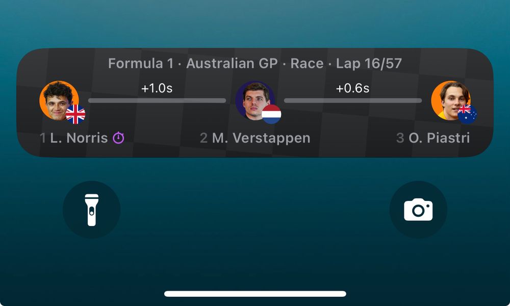 Screenshot of an iPhone, cropped to show the Apple Sports app Live Activities notifications of a live F1 race