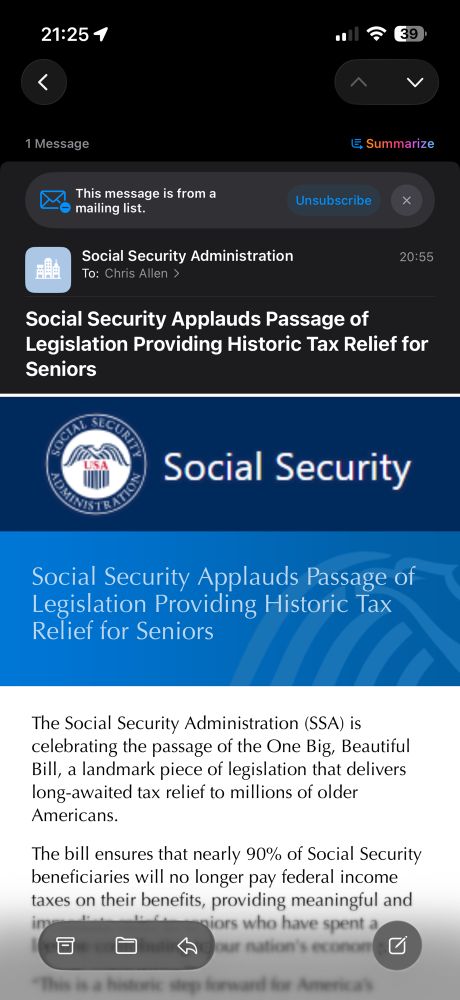 A screenshot of an email from the Social Security Administration spreading nonsensical propaganda that the latest legislation (referenced by MAGA as “One Big, Beautiful Bill”) is a landmark bill that will deliver tax relief to seniors.
