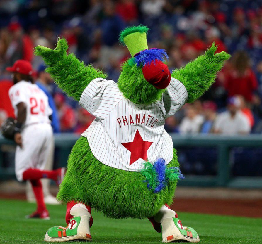 The Philadelphia Phillies mascot seen from the rear.