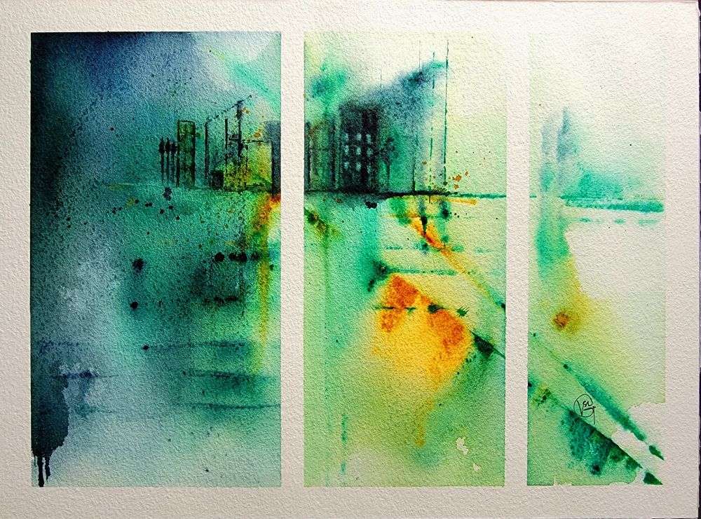 Watercolor abstract - delicate yet moody hues in pthalo green, quinacridone gold, and indigo with a hint of building-like structures - triptych style form