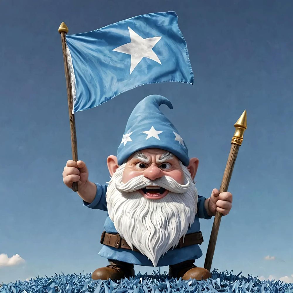 A cartoon gnome with a white beard and a blue star-patterned hat stands on blue grass, holding two blue flags with white stars. The gnome wears a blue outfit with a brown belt and has a determined expression. The background features a clear sky with a few clouds. The blue color scheme and white star motifs are visually representative of the Somali national flag, evoking cultural pride and identity