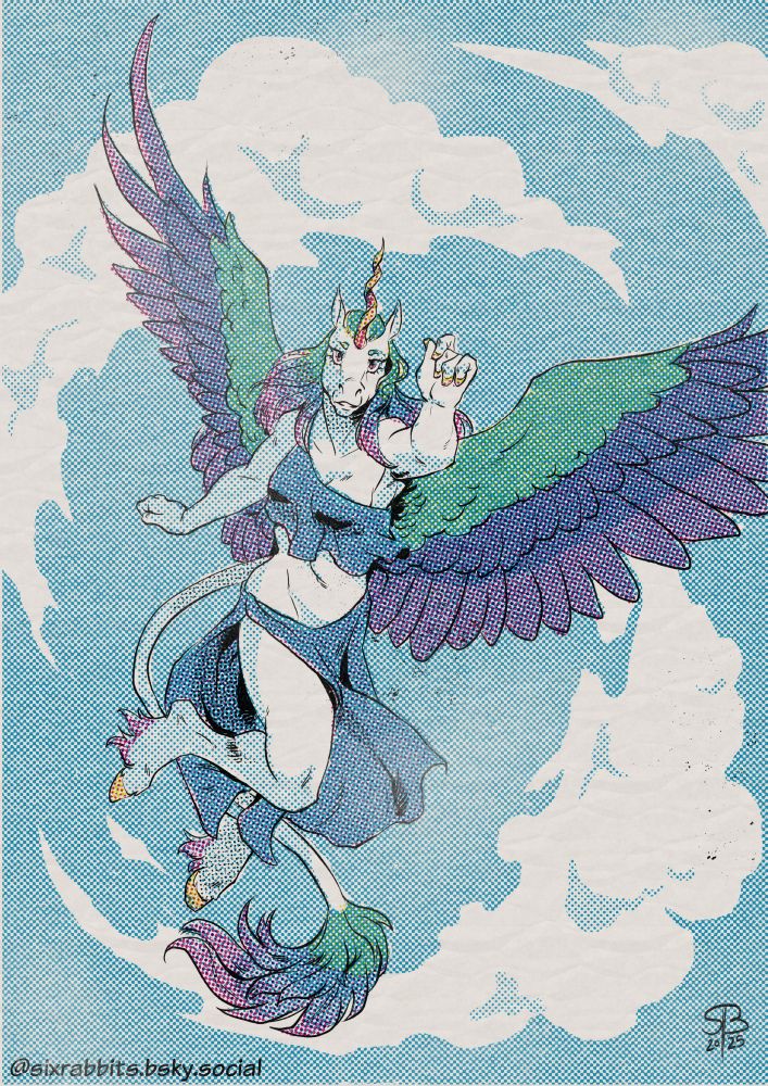 An anthro pegasus with a spiraling golden horn and teal, blue, and purple wings. She wears a simple blue one strap top and a flowing skirt parted up the side. 