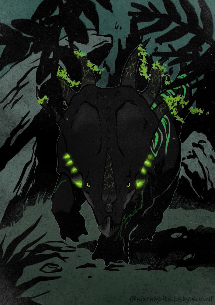 A styracosaurus charges at the viewer. The animal has dark grey coloration with highlights of green in the form of stripes on the back and cracks in the forelegs and horns. 