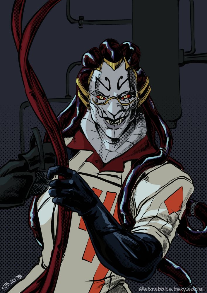 a figure with grey skin and reptilian features is leaning into frame. He wears a scifi style lab coat with red bars down the front and a red diamond on the shoulder. In his left hand he is grasping two thick red tubes while his prosthetic right arm is pointed off screen. His expression suggests possible malice or mischief. 