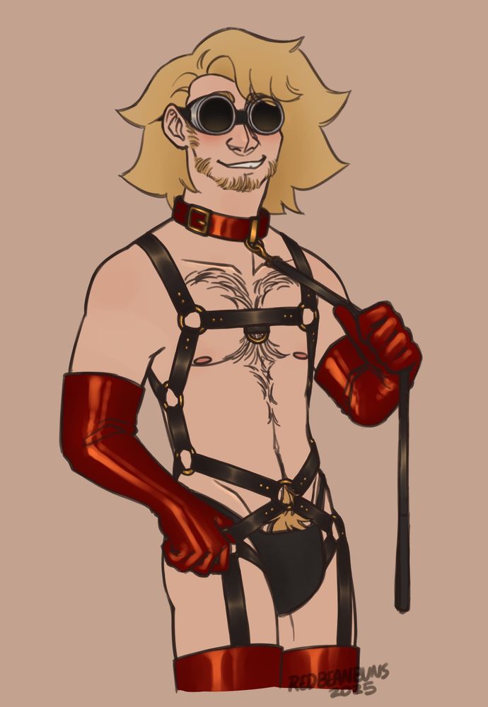 A drawing of Archer, a man with shaggy blond hair and large dark-lensed goggles, pictured from the thighs up and smiling towards the viewer. He is wearing a thong, an elaborate body harness, and shiny red long gloves, thigh highs, and collar. One hand is on his hip, thumb tucked into one of the harness's o-rings, while the other holds a leash that is connected to his collar.