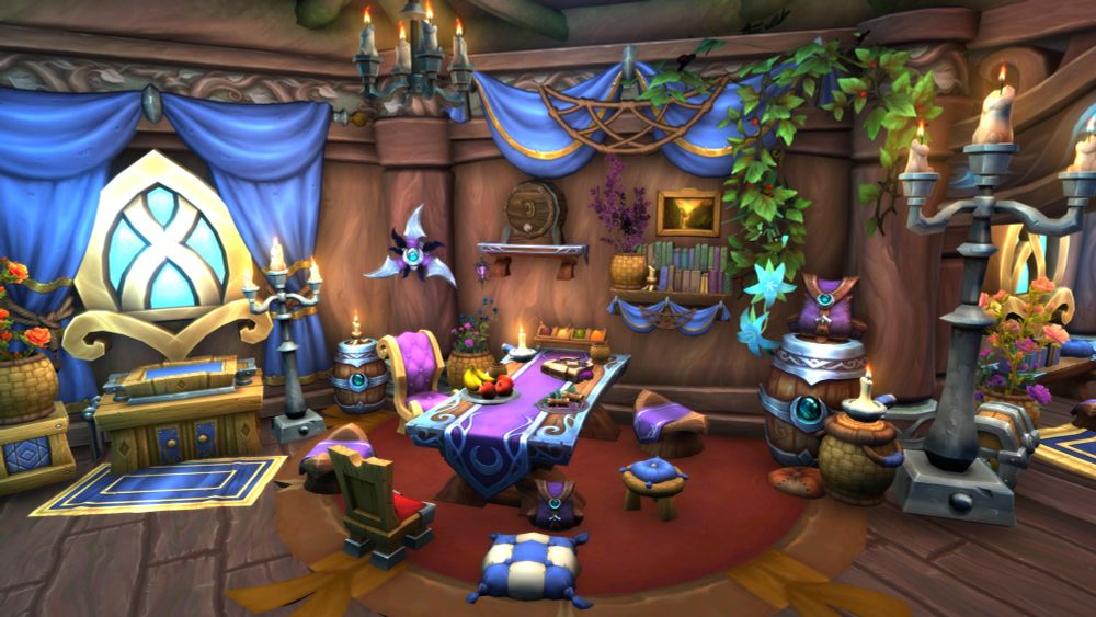 An eclectic dining room in the video game World of Warcraft. The cluttered tables and walls are full of colorful and cultural decor. Strong blues and purples represent human and night elf with accents of gold to represent high elves. The table has many chairs at it, each in different style and size.
