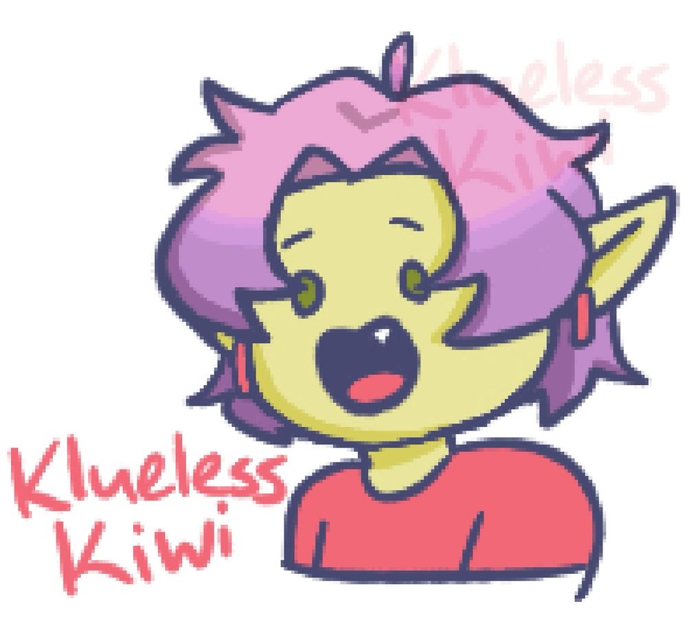 A doodle of a goblin character with light green hair, pink hair that fades into purple, and is red rectangle earrings with a red shirt. The goblin is very happy.