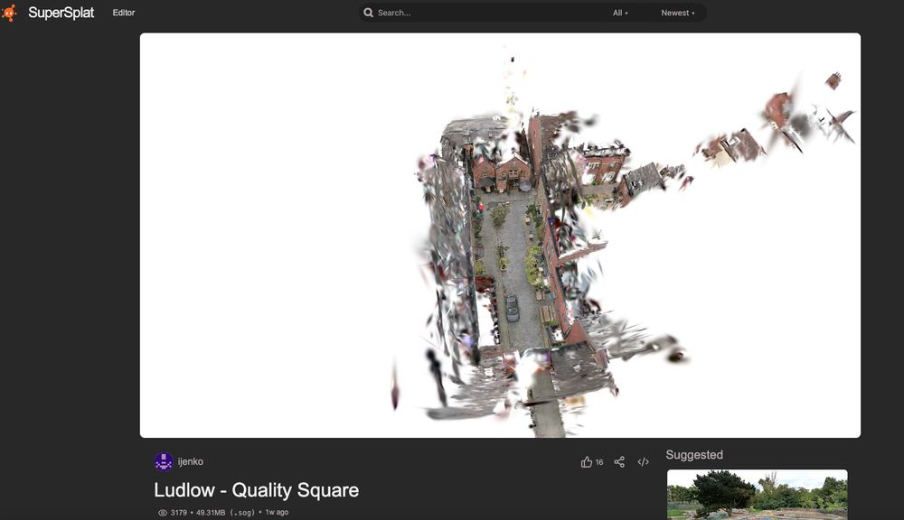 screenshot of a camera view outside and above a walkable Supersplat Gaussian example, 'Ludlow - Quality Square' https://superspl.at/view?id=ca36efcc