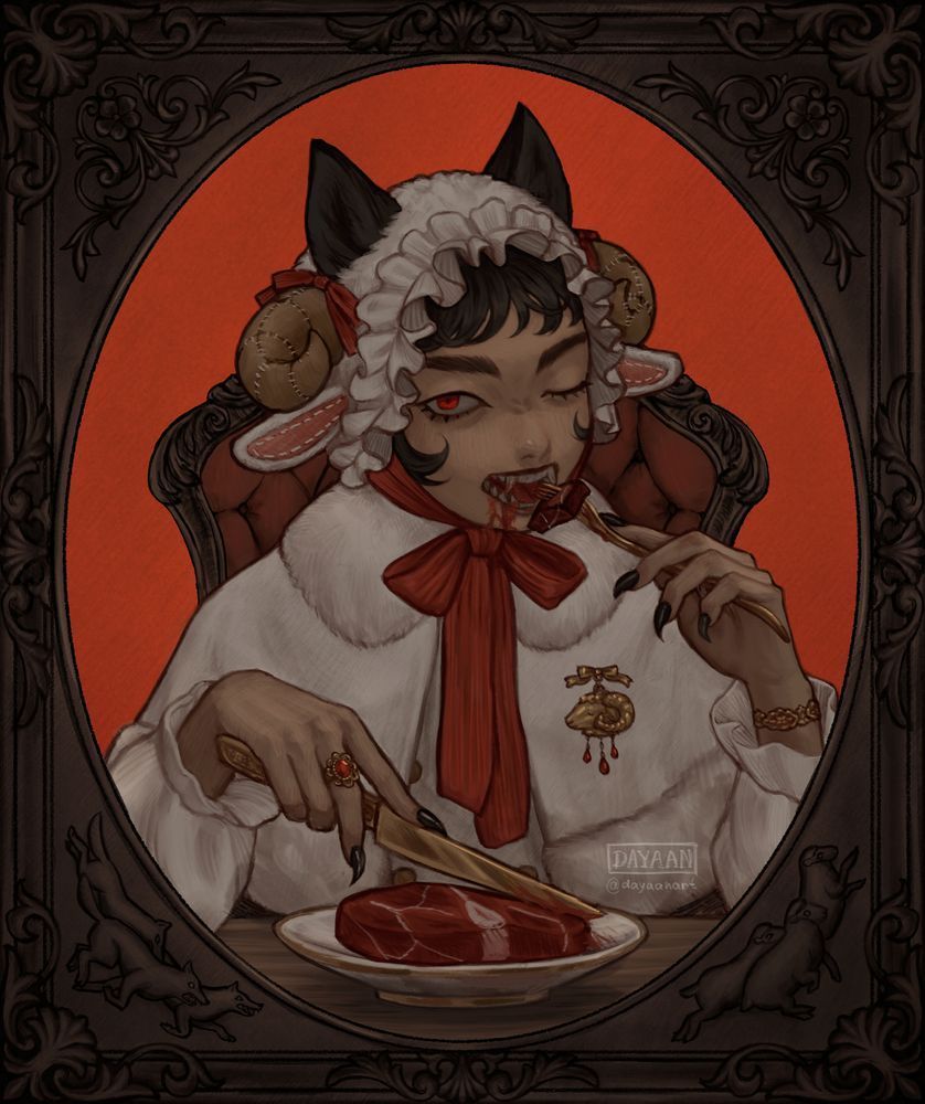 Digital illustration of a werewolf wearing frilly and fluffy victorian clothing that resembles a sheep. They elegantly eat meat, barely restraining a snarl. 