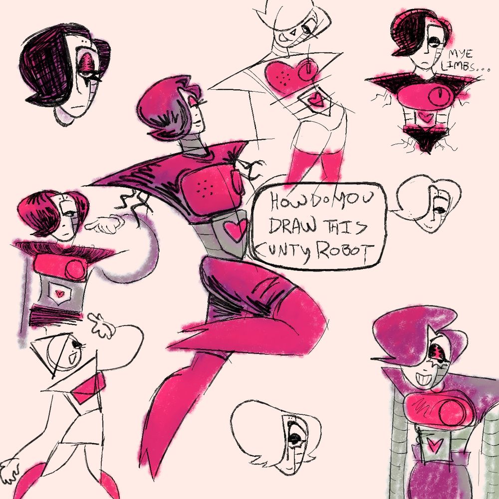 multiple digital sketches of mettaton ex from undertale in different poses
