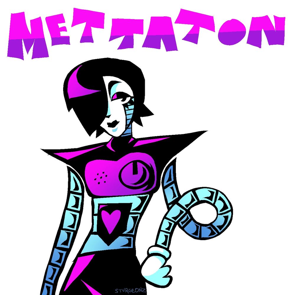 a half body drawing of mettaton ex. his hand is on his hip and he is looking at the viewer. his name is written above him in bold letters