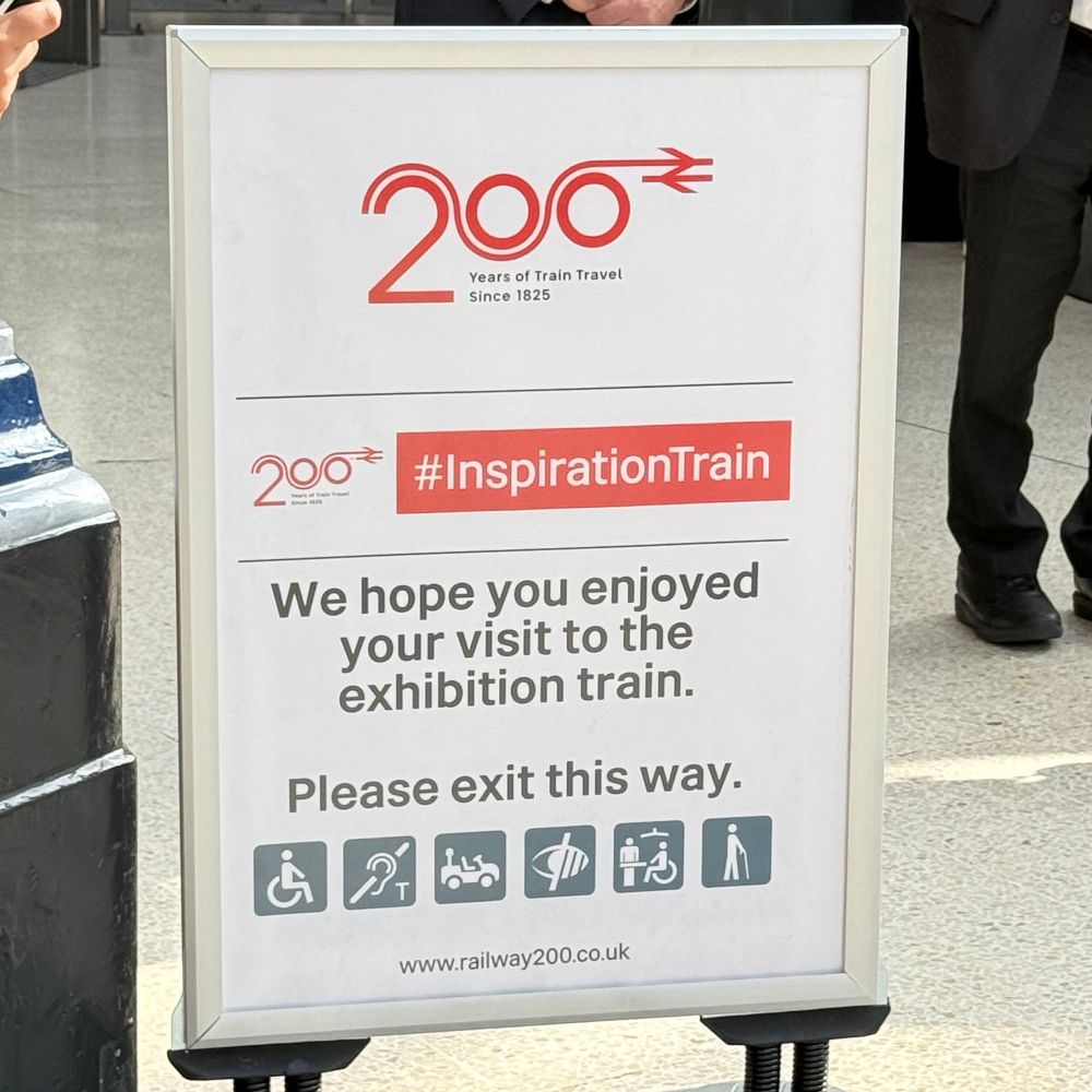 Sign with information about Inspiration train exhibition celebrating 200 years of rail 