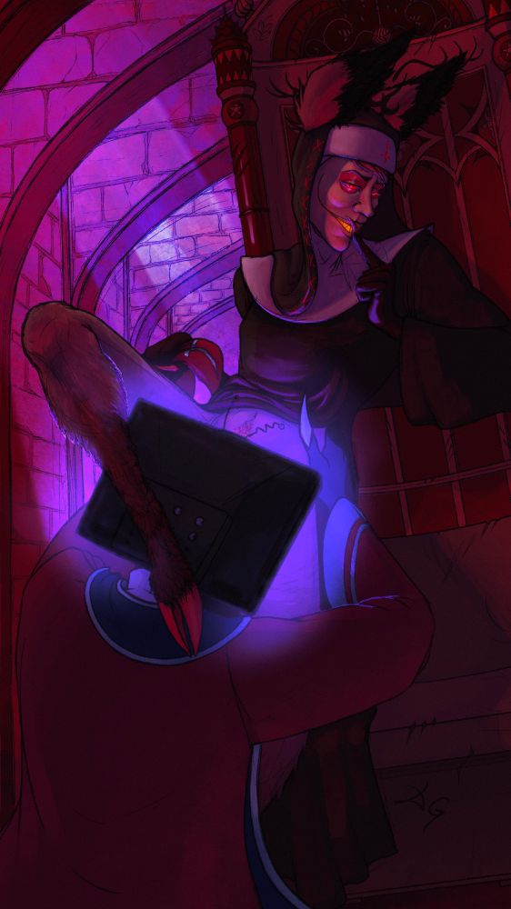 Illustration featuring Alastor and Vox from Hazbin Hotel in their nun and priest outfits, inside a church, lit by dim lighting. Alastor is leaning back on the outer side of a confessional, holding Vox’s hat in one hand, tilting his head to the side and looking at the viewer with lidded eyes. Vox is kneeling with his back towards the viewer, his screen buried in Alastor’s crotch, both hands around his waist, and his screen emanates a strong, violet light.