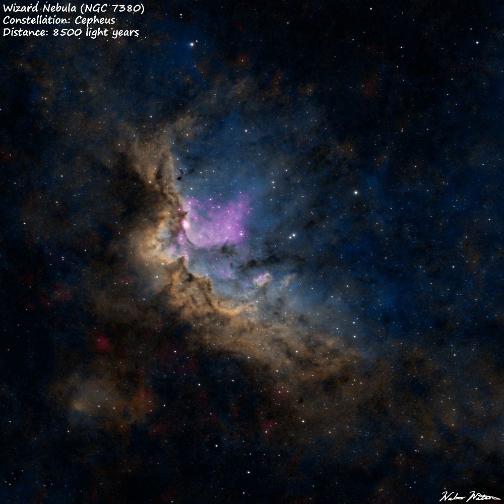The Wizard Nebula (NGC 7380). This is a circumpolar object, meaning to those in the northern latitudes it is visible year round. This is a SHO image rendered with the Hubble palette used by the team at NASA, where Sulfur is red, Hydrogen is yellow and Oxygen is blue.  

Equipment:
Telescope: SVBony SV503 80ed
Camera: ZWO ASI533 mc pro
Mount: ZWO AM5
Controller: Mini PC running NINA
ASKAR duo band Ha/Oiii, Sii/Oiii filter set.
Total Exposure: 8 hours