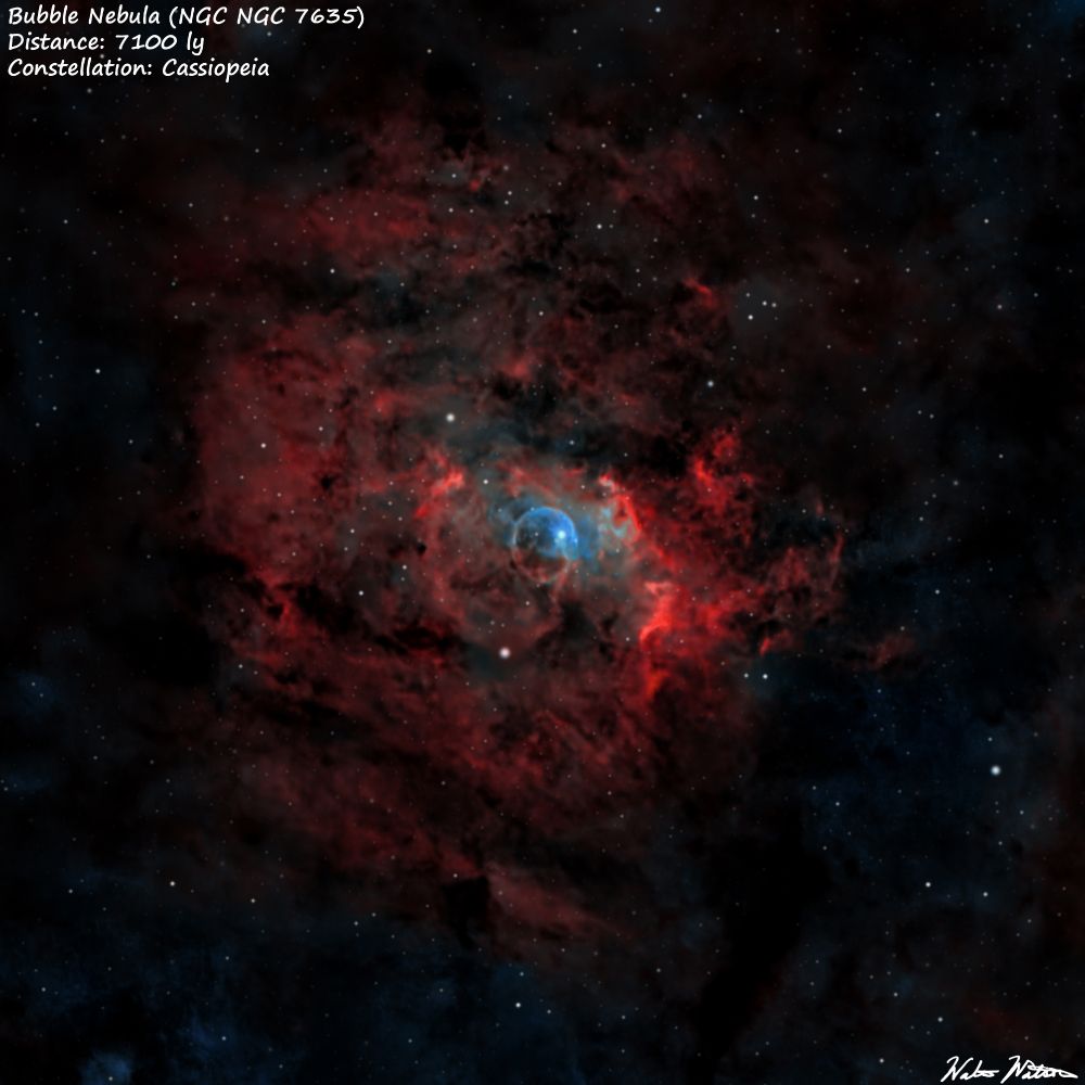 The Bubble Nebula NGC 7635 in the constellation Cassiopeia at a distance of 7100 light years. The bubble is created by a hot young star causing the surrounding gasses to glow. This is a multi-spectral narrow band photograph where Hydrogen are reds, and Oxygen are blues.

Equipment:
Telescope: SVBony SV503 80ed
Camera:  ZWO ASI533 mc pro
Mount: ZWO AM5
Filter: ASKAR C1 dual band Ha/Oiii

Processed in SIRIL,Graxpert,Affinity Photo 2